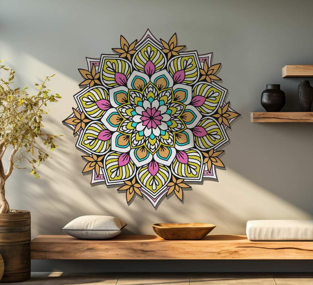 Quadro Decorativo MDF Mandala de Flor Colorida