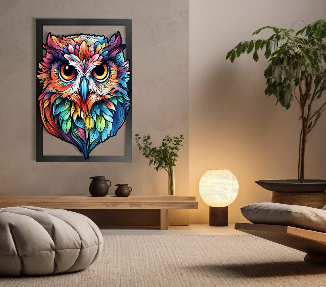 Quadro Decorativo Vazado de MDF Coruja Colorida