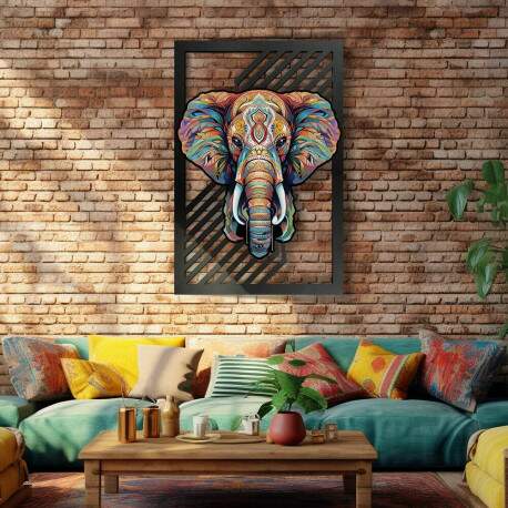 Quadro Decorativo Vazado de MDF Elefante Colorido
