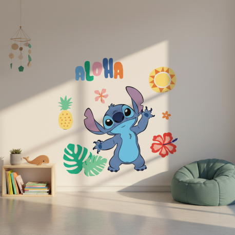 Adesivo de Parede Stitch Aloha com Flores Tropicais