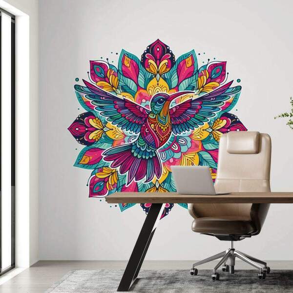 Adesivo de Parede Beija Flor Colorido em Mandala