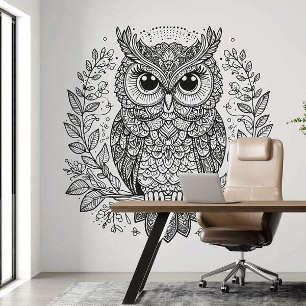 Adesivo de Parede Coruja Mandala Detalhada em Preto e Branco