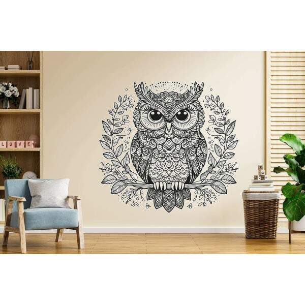 Adesivo de Parede Coruja Mandala Detalhada em Preto e Branco