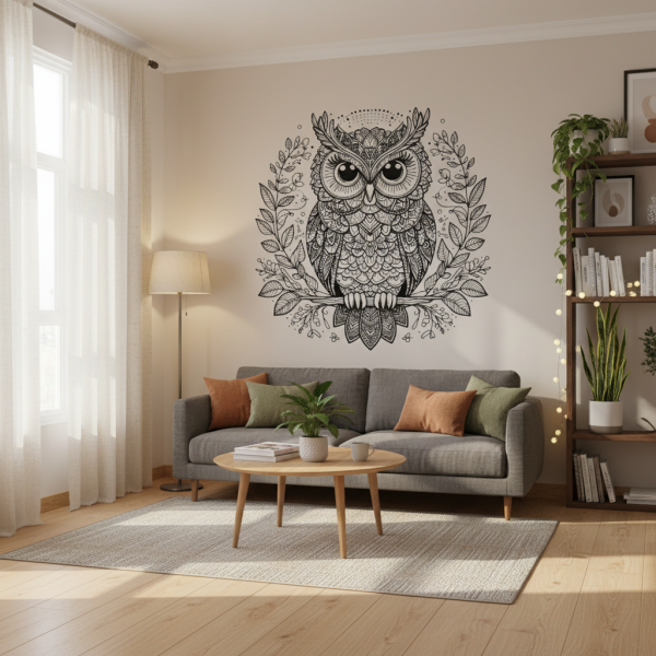 Adesivo de Parede Coruja Mandala Detalhada em Preto e Branco