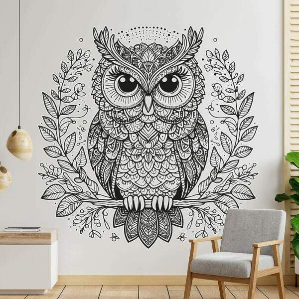 Adesivo de Parede Coruja Mandala Detalhada em Preto e Branco