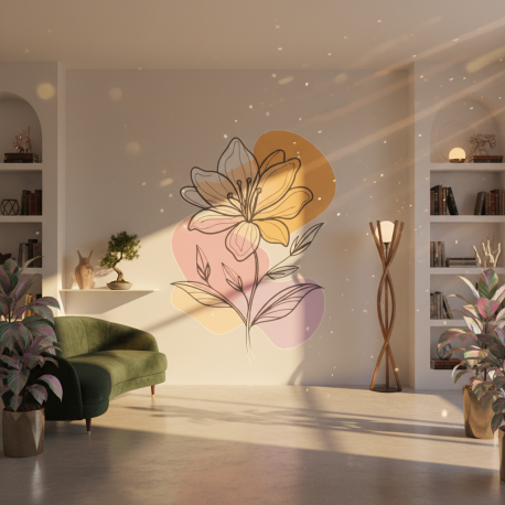 Adesivo de Parede Flor Laranja com Estames e Folhas Boho