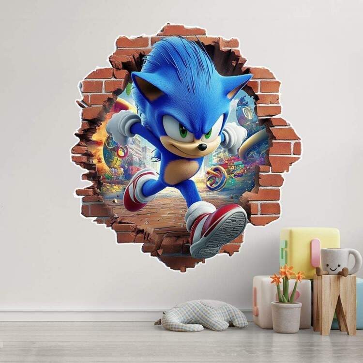 Adesivo de Parede Buraco Falso Sonic: Efeito 3D Inspirado em Games
