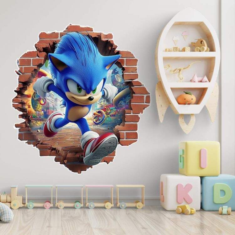 Adesivo de Parede Buraco Falso Sonic: Efeito 3D Inspirado em Games