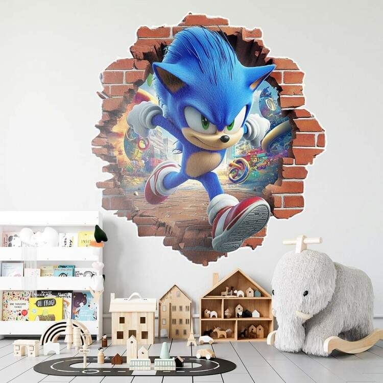 Adesivo de Parede Buraco Falso Sonic: Efeito 3D Inspirado em Games