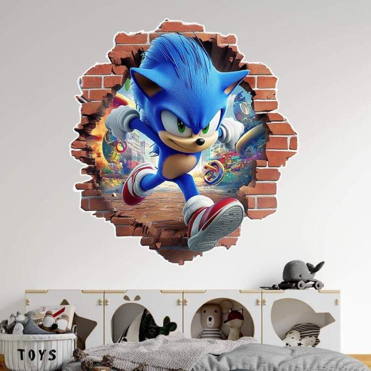 Adesivo de Parede Buraco Falso Sonic: Efeito 3D Inspirado em Games