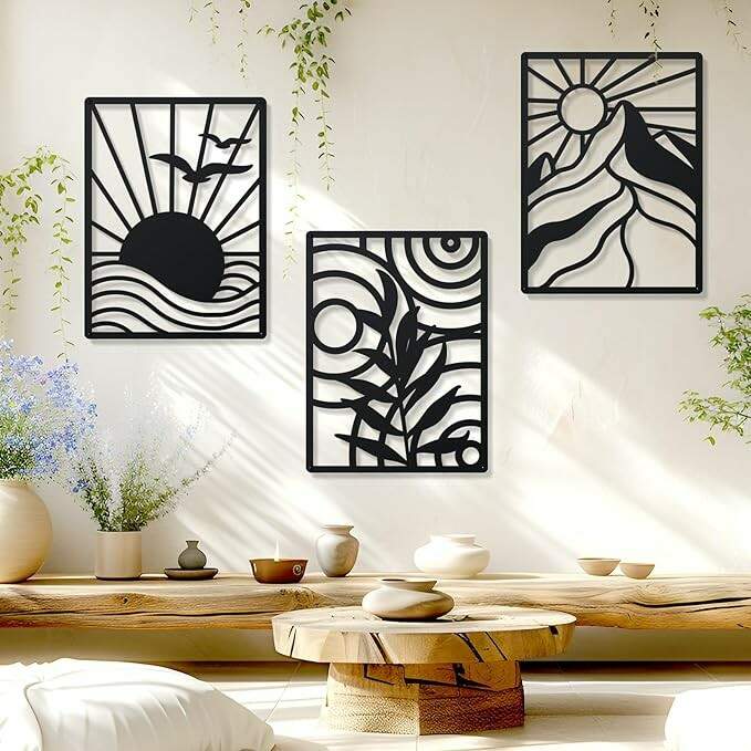 kit 3 Quadros Vazados Abstratos Montanha P�ssaros 