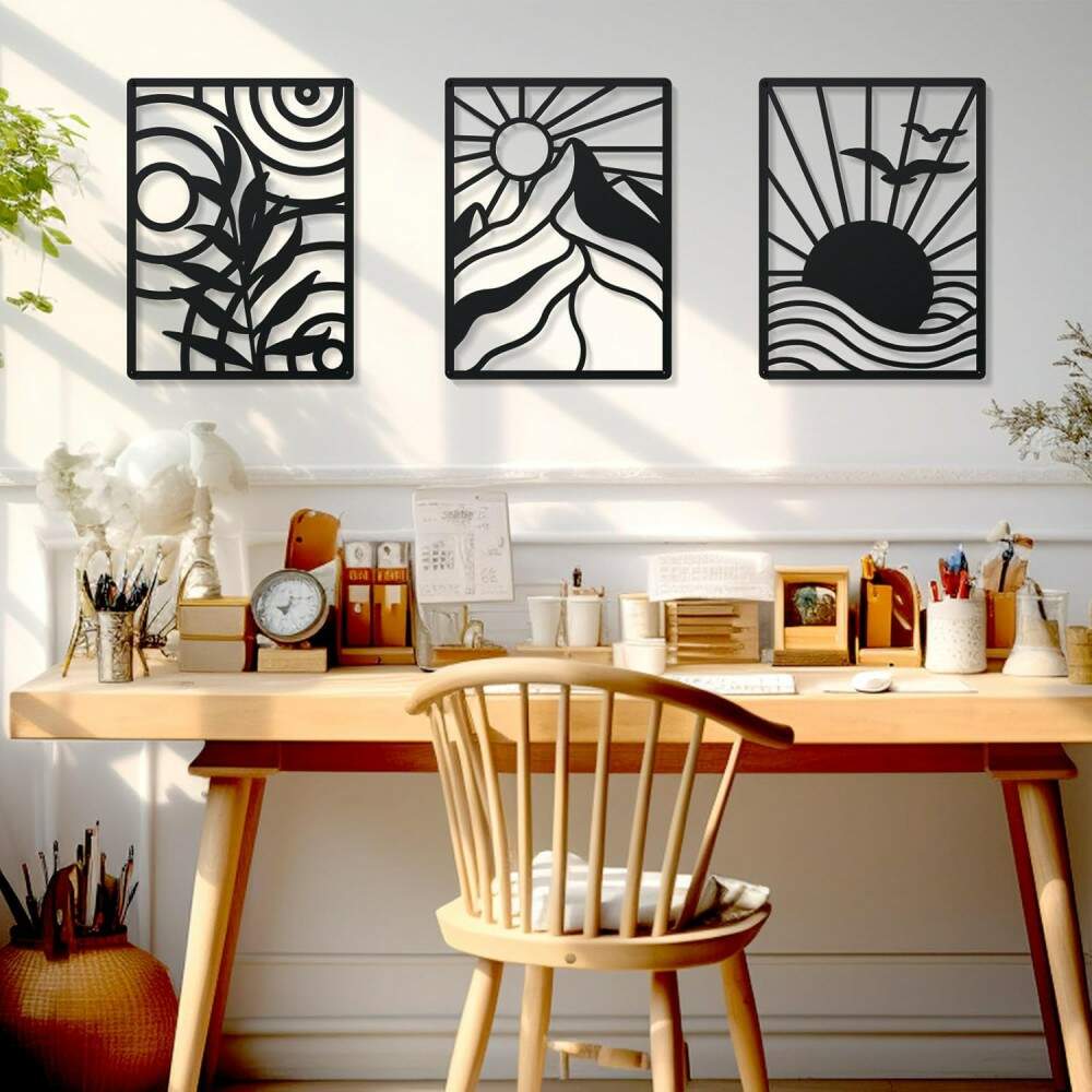 kit 3 Quadros Vazados Abstratos Montanha P�ssaros 