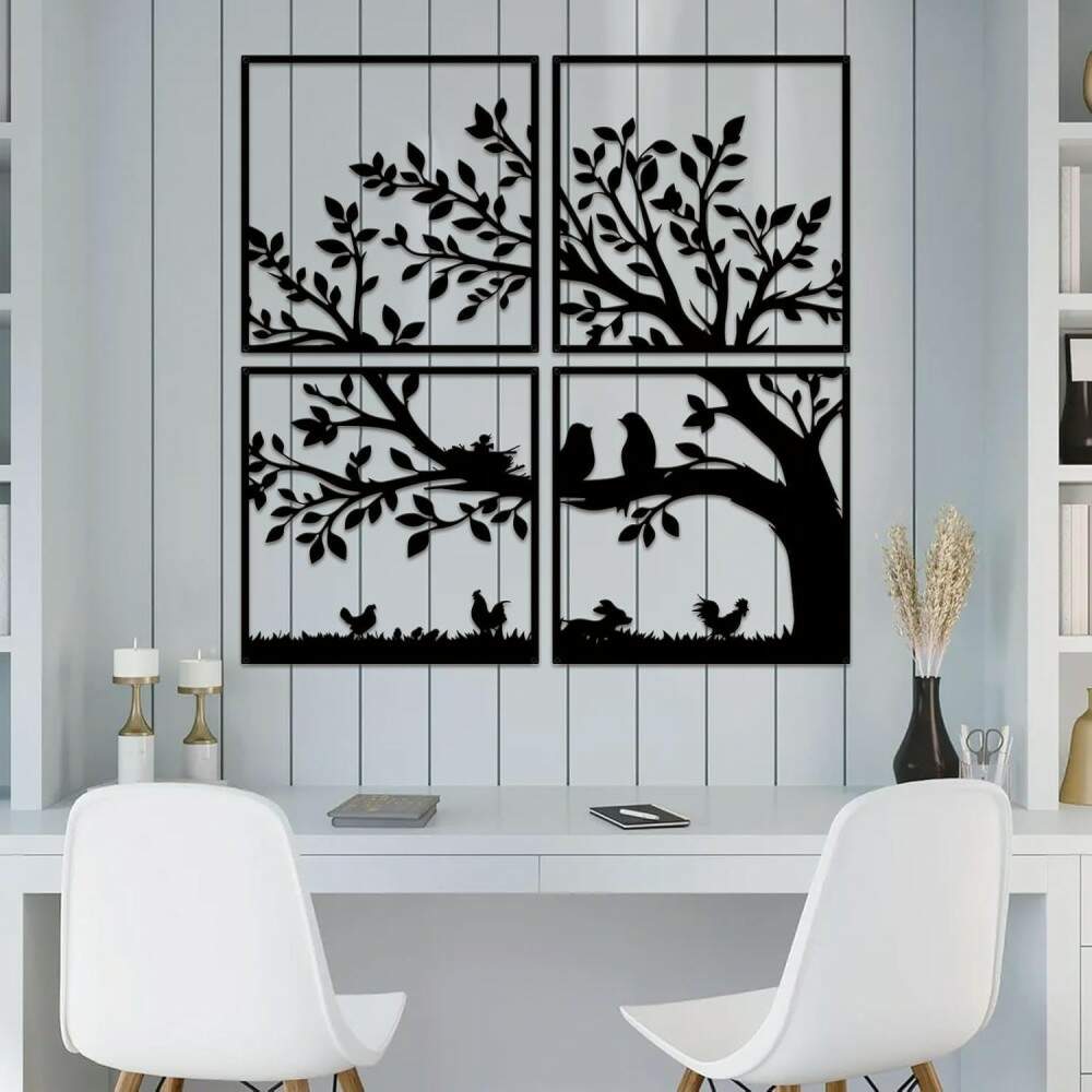 Kit 4 Quadros Vazados Arvore e P�ssaros