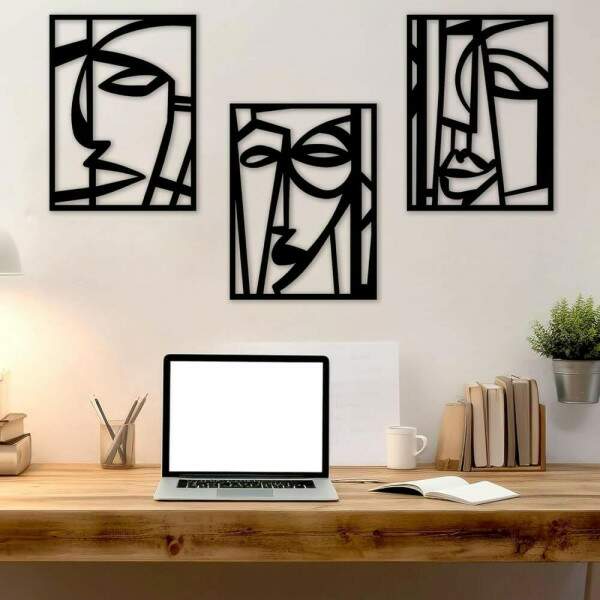 Kit 3 Quadros Vazados Rostos Cubistas
