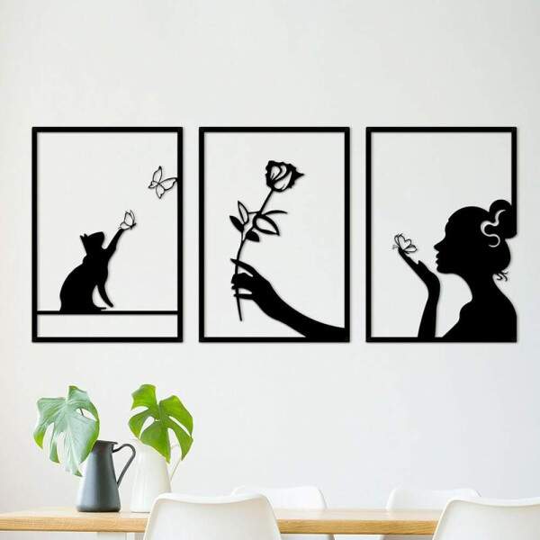 Kit 3 Quadros Vazados Mulher Flor e Gato