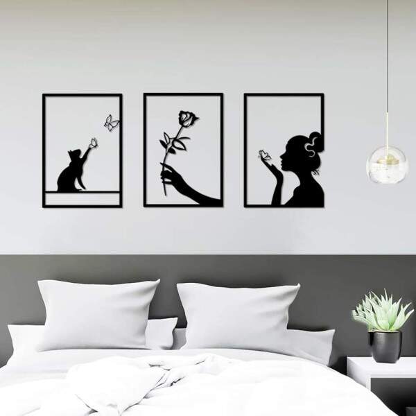 Kit 3 Quadros Vazados Mulher Flor e Gato