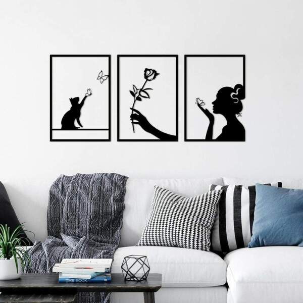 Kit 3 Quadros Vazados Mulher Flor e Gato