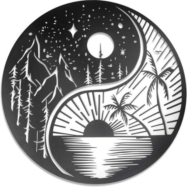 Quadro Vazado Redondo Montanhas e Praia Dia e Noite Equilibrio