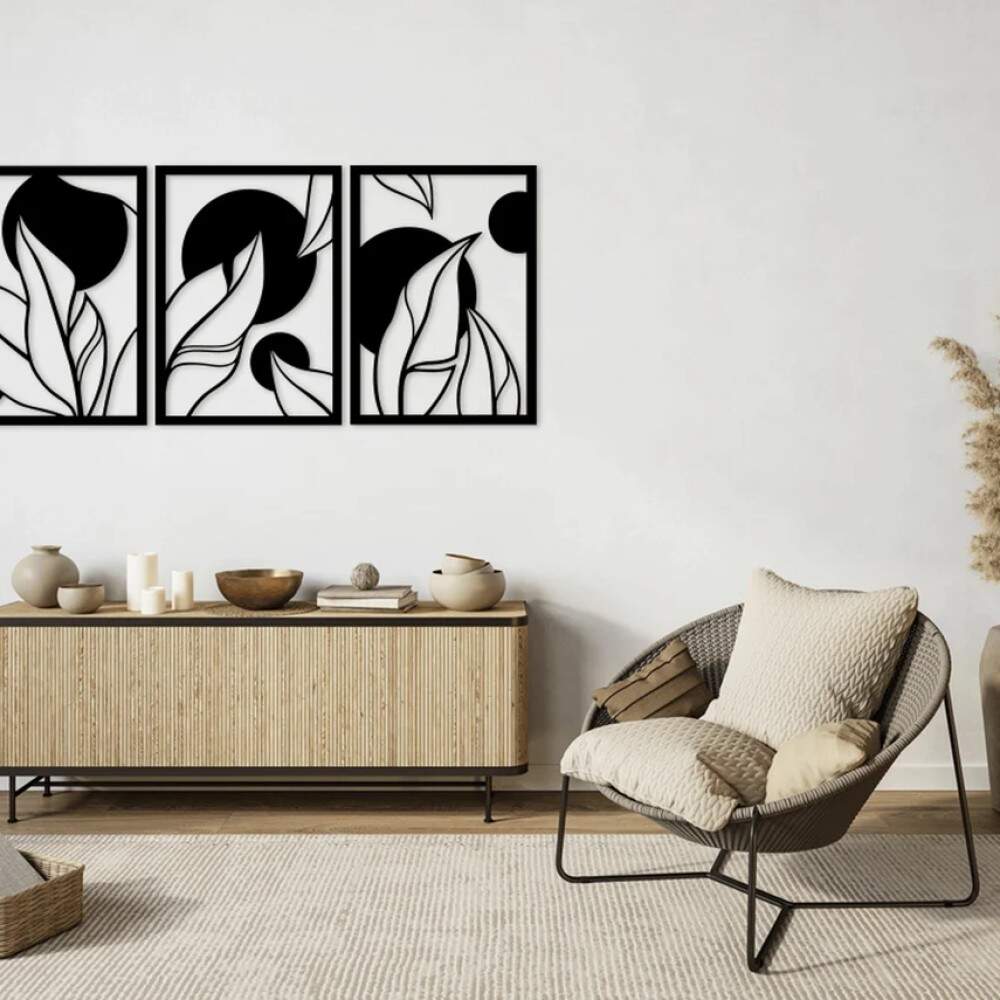 Kit 3 Quadros Vazados Folhas com Circulos