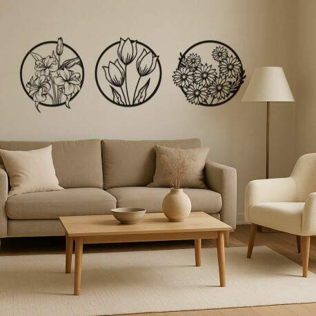 Kit 3 Quadros Redondos Vazados Florais