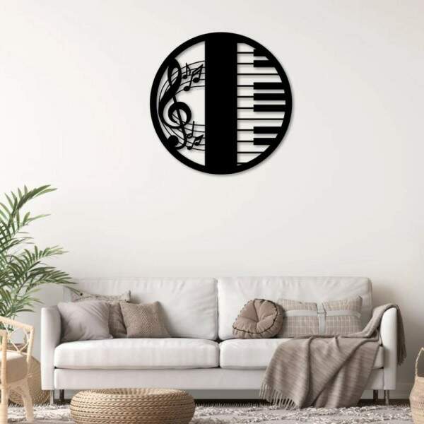 Quadro Vazado Redondo Notas Musicais e Piano
