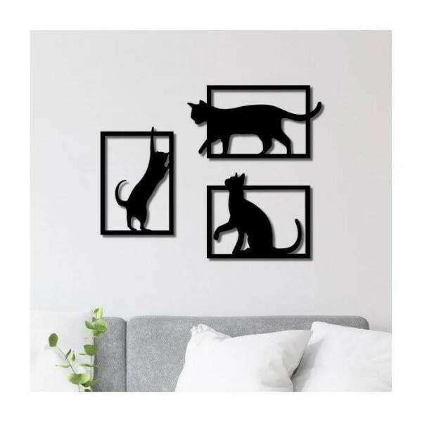 Kit 3 Quadros Vazados em MDF Trio de Gatos Preto