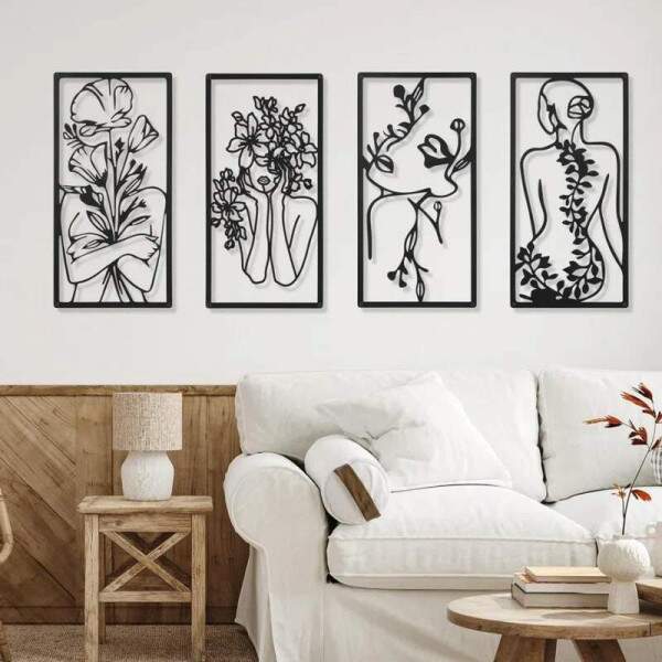 Kit 4 Quadros Vazados Mulher e Flores 001