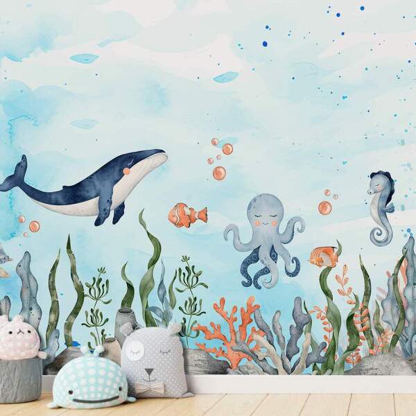 Papel de Parede Animais Fundo Do Mar Aquarela MP