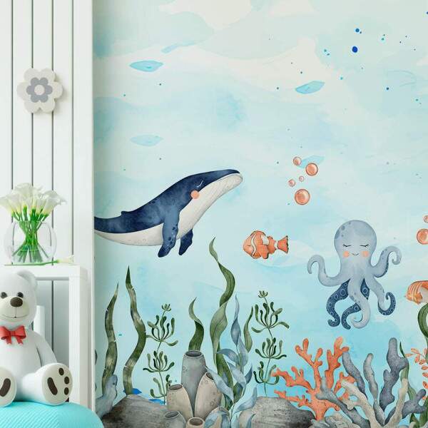 Papel de Parede Animais Fundo Do Mar Aquarela MP