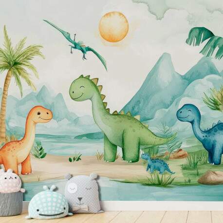 Papel de Parede Dinossauros Cute Aquarela MP