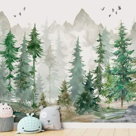 Papel de Parede Floresta Minimalista Pinheiros E Montanhas MP