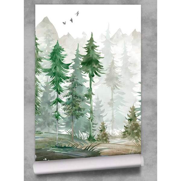 Papel de Parede Floresta Minimalista Pinheiros E Montanhas MP
