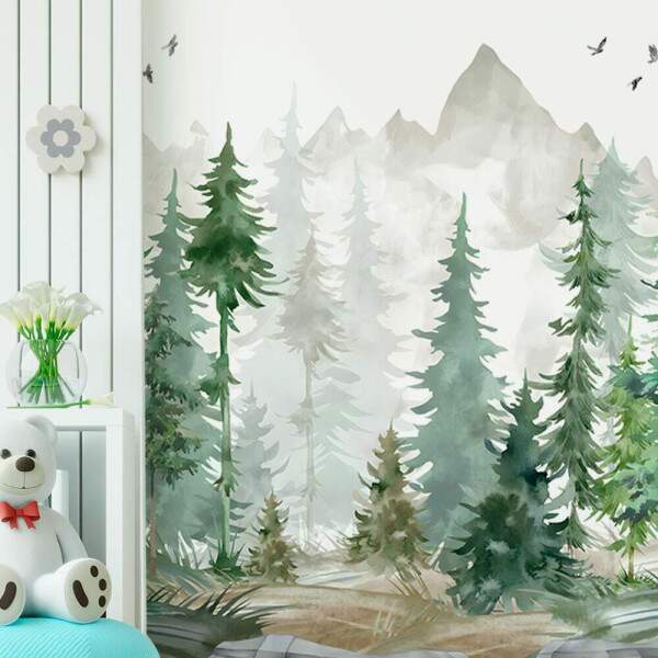 Papel de Parede Floresta Minimalista Pinheiros E Montanhas MP