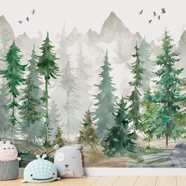 Papel de Parede Floresta Minimalista Pinheiros E Montanhas MP