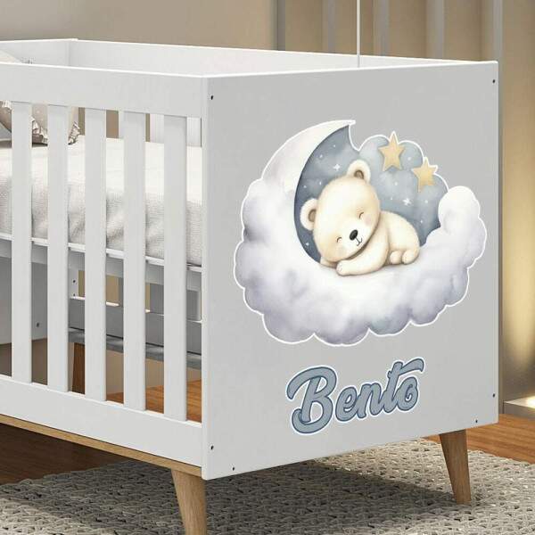 Adesivo De Parede Infantil Ursinho Dormindo Nas Nuvens Com Nome