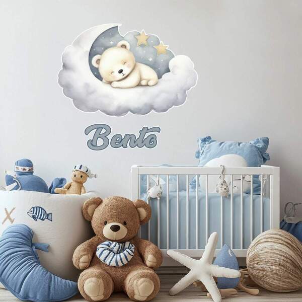 Adesivo De Parede Infantil Ursinho Dormindo Nas Nuvens Com Nome