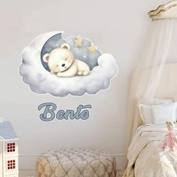 Adesivo De Parede Infantil Ursinho Dormindo Nas Nuvens Com Nome