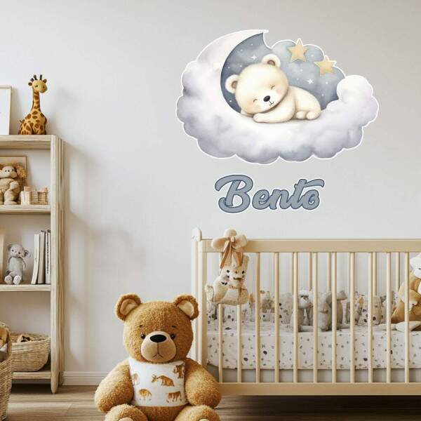 Adesivo De Parede Infantil Ursinho Dormindo Nas Nuvens Com Nome