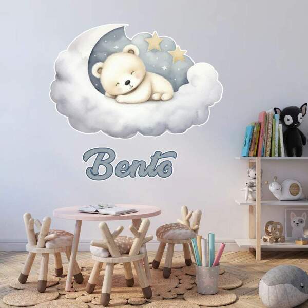 Adesivo De Parede Infantil Ursinho Dormindo Nas Nuvens Com Nome