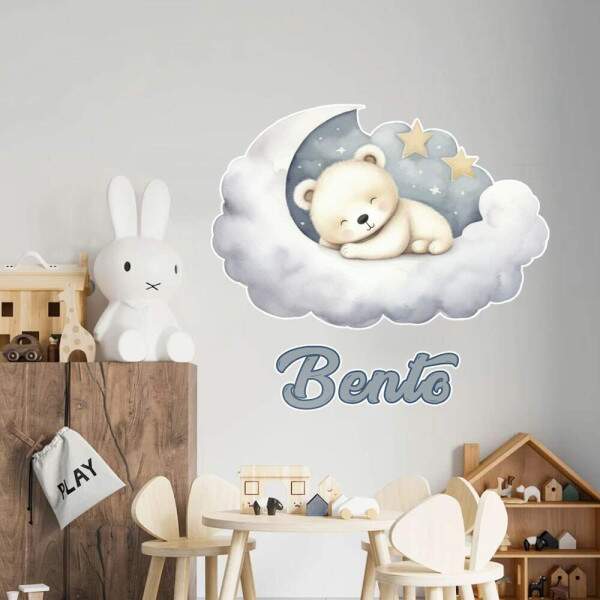 Adesivo De Parede Infantil Ursinho Dormindo Nas Nuvens Com Nome
