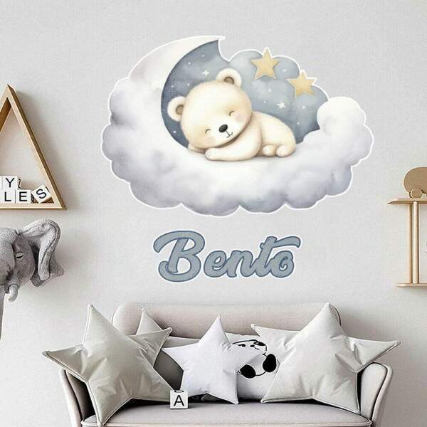 Adesivo De Parede Infantil Ursinho Dormindo Nas Nuvens Com Nome