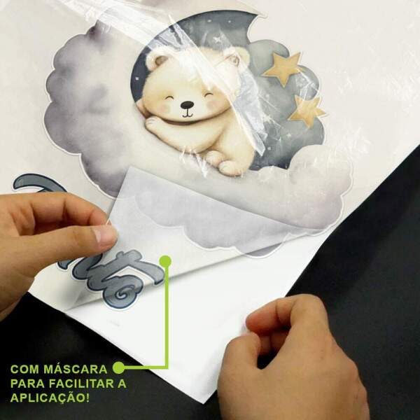 Adesivo De Parede Infantil Ursinho Dormindo Nas Nuvens Com Nome