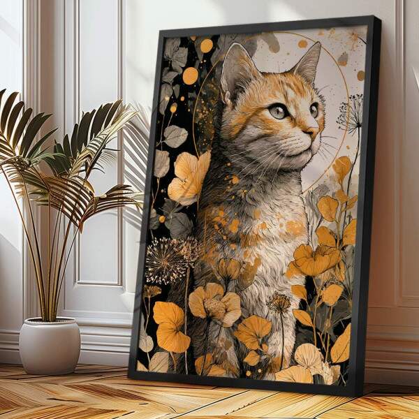 Quadro Decorativo Abstrato Gato Entre As Flores