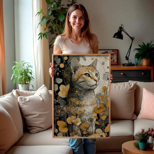 Quadro Decorativo Abstrato Gato Entre As Flores