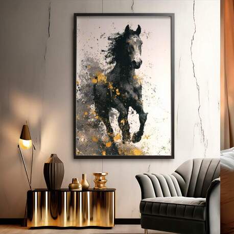 Quadro Decorativo Cavalo Abstrato Preto e Dourado