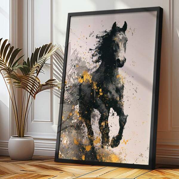 Quadro Decorativo Cavalo Abstrato Preto e Dourado