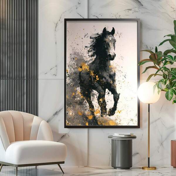 Quadro Decorativo Cavalo Abstrato Preto e Dourado