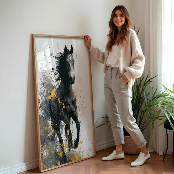 Quadro Decorativo Cavalo Abstrato Preto e Dourado
