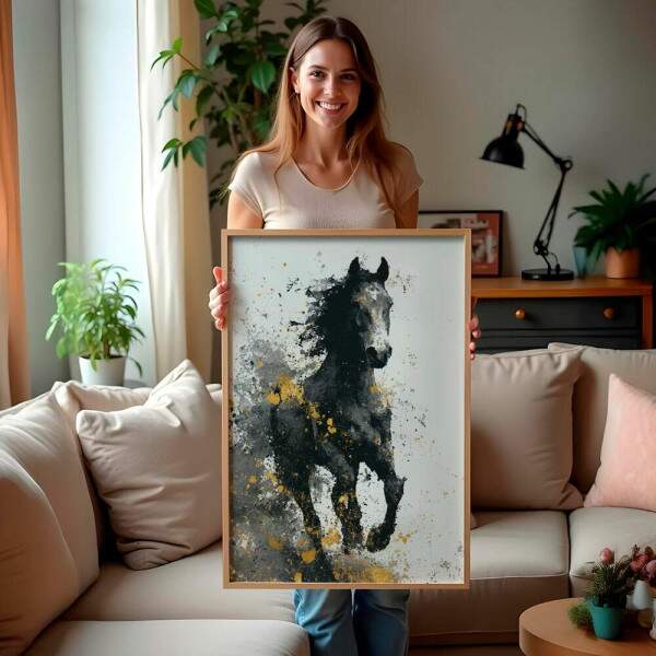 Quadro Decorativo Cavalo Abstrato Preto e Dourado