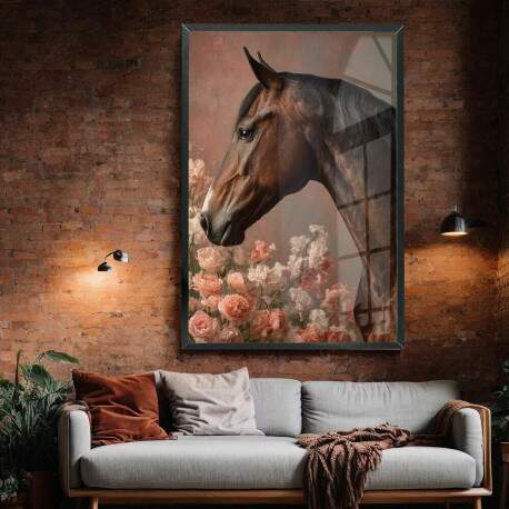 Quadro Decorativo Cavalo Marrom e Flores 
